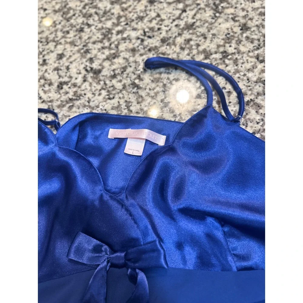 Victoria's Secret Royal Blue Satin Sheer Babydoll‎ Chemise Lingerie Nightie L